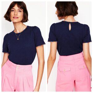 Boden Ali Jersey T-Shirt Pom Pom Trim Short Sleeve Navy Blue Size 6